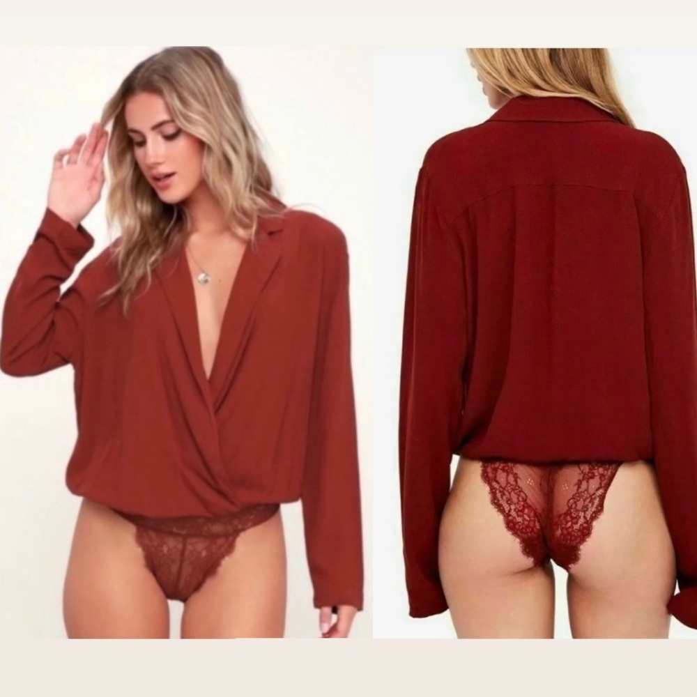 NWT Free People oversized deep plunge burgundy long sleeve bodysuit - Valentine